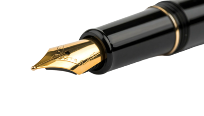 Closeup of a classic black fountain pen with a golden nib isolated on a white background.