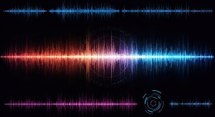 Colorful digital audio waveforms representing sound frequencies and music visualization on a black background.