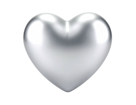A glossy, metallic silver heart shape floats against a stark, black backdrop