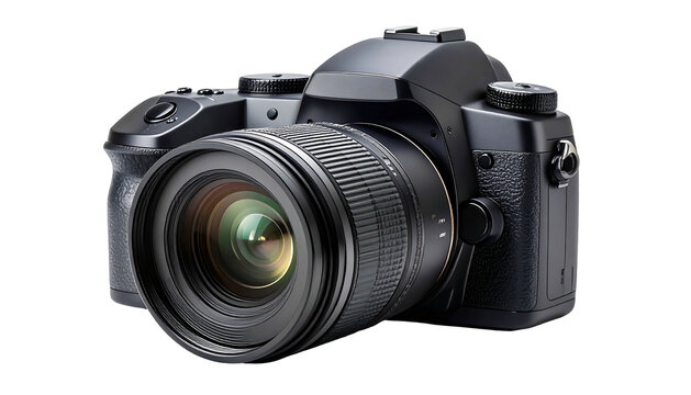 Closeup of a modern black DSLR camera with lens.