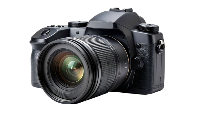 Closeup of a modern black DSLR camera with lens.
