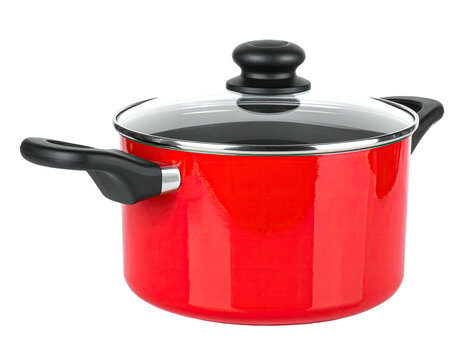 A vibrant red cooking pot with black handles and a clear, lidded top