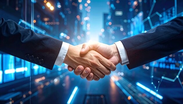 Two business people in suits shaking hands against a blurred background of a city with bright digital network lines