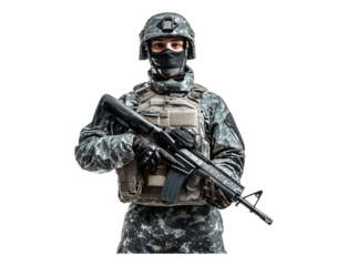 Armed soldier in tactical gear posing with rifle and focused expression