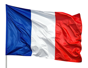 A waving, vertically striped flag of blue, white, and red, on a silver pole