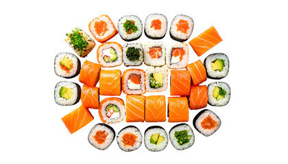 Delicious Assortment of Fresh Sushi Rolls on a White Background.