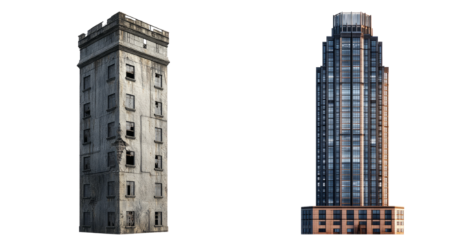 Abandoned Building and Modern Skyscraper Side by Side Urban Contrast, PNG bundle collection, Isolated on Transparent Background