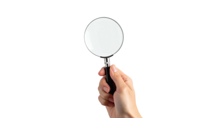 A hand, holding a magnifying glass, set against a black backdrop