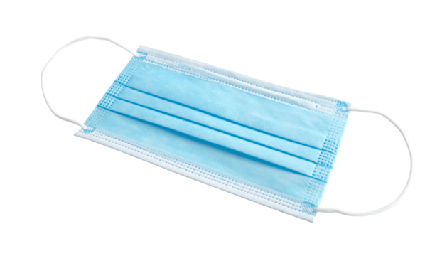 A light-blue, rectangular face covering with white ear loops on a dark background