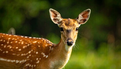 Fototapeta premium Close-up portrait of a deer with spotted coat, alert gaze, ears perked, set against blurry green background