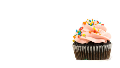 Delicious Chocolate Cupcake with Pink Frosting and Sprinkles.
