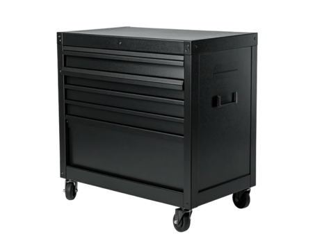 Dark-colored, wheeled tool chest with drawers for organization and storage