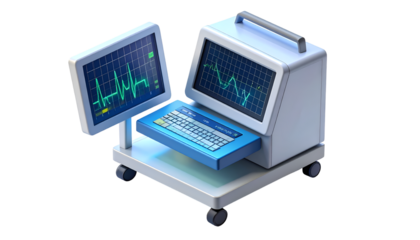 Modern 3D Medical Patient Monitor with Vital Signs Display & Keyboard on Mobile Cart | Healthcare Technology, ECG & Health Data Concept