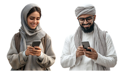 Happy couple using smartphones together with smiles and engagement, isolated on transparent background