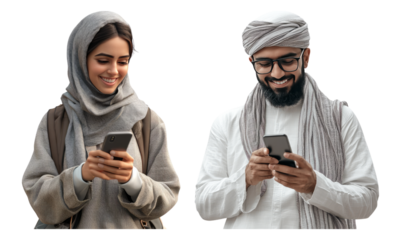 Happy couple using smartphones together with smiles and engagement, isolated on transparent background