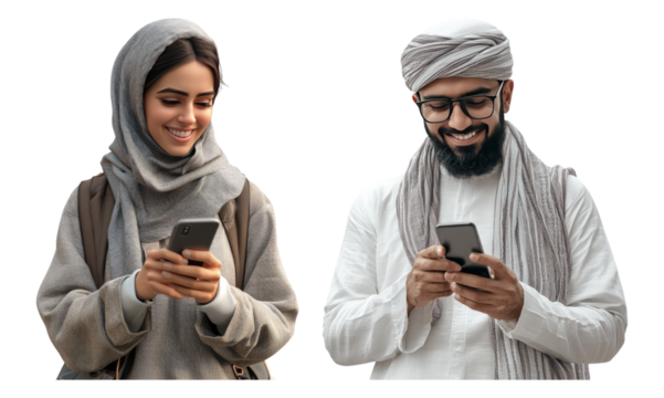 Happy couple using smartphones together with smiles and engagement, isolated on transparent background