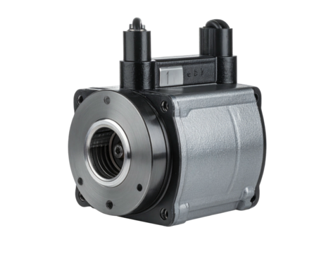 Gray, industrial machinery piece with circular bore, metal and plastic casing