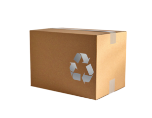 A cardboard box with a recycle symbol, taped shut, isolated on black