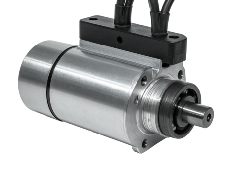 Industrial electromechanical device featuring cylindrical metal housing and wire connectors