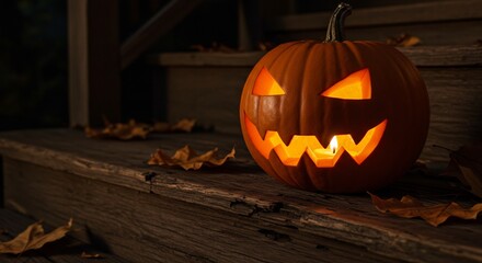 Obraz premium Illuminated Jack-o'-Lantern Pumpkin with Glowing Candlelight on Rustic Wooden Porch Steps at Night for Halloween Decor