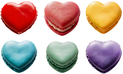Colorful heart shaped macarons assortment. Sweet dessert cookies in red, pink, yellow, blue, green and purple colors. Love and Valentine's day confectionery concept