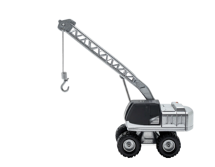 A gray construction crane, digitally rendered, with a raised arm and a hook