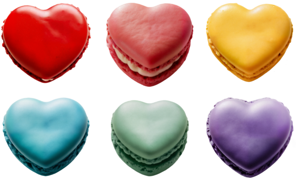 Colorful heart shaped macarons assortment. Sweet dessert cookies in red, pink, yellow, blue, green and purple colors. Love and Valentine's day confectionery concept