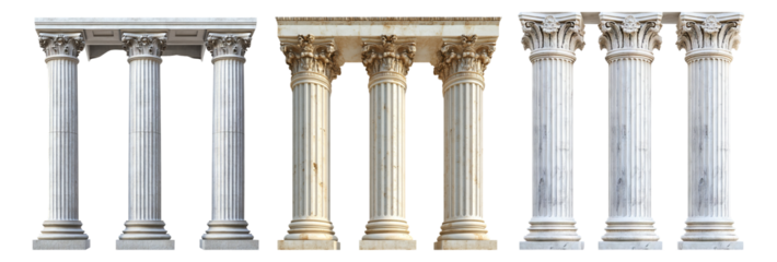 Classical Architectural Columns Set Featuring Various Styles and Textures Isolated Transparent Background