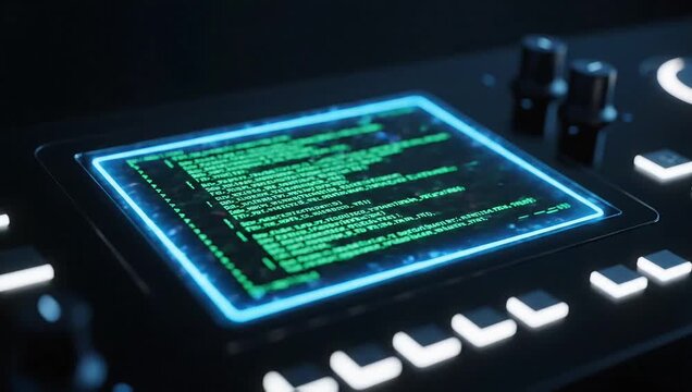 Futuristic Control Panel with Glowing Blue Screen Displaying Green Program Code and Neon Interface