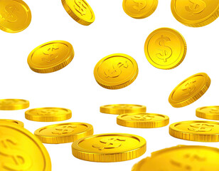 Gleaming golden coins with dollar signs falling against a dark background