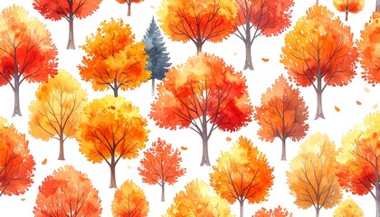 Watercolor illustration of autumn trees with vibrant orange and red foliage set against a white background. Includes a single green tree