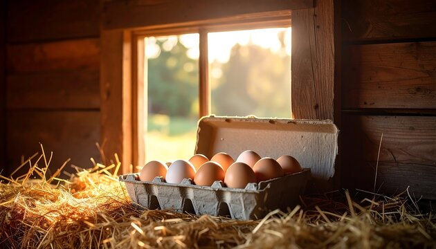 Eggs in carton by window - Powered by Adobe