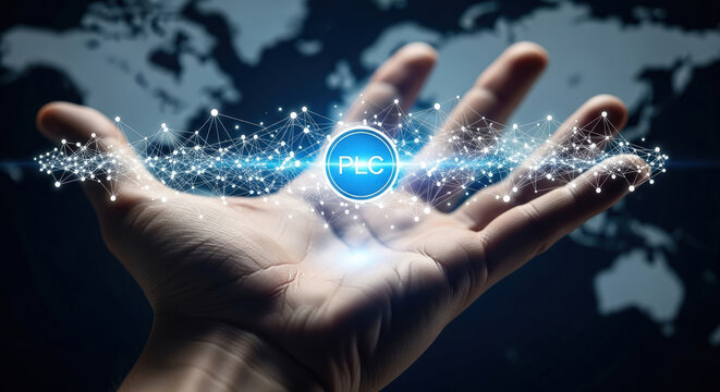 Innovative PLC Technology Concept: Hand Holding Digital Network with World Map Background. Modern Automation and Control System for Industry 4.0