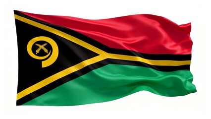 Photorealistic image of the flag of Vanuatu with diagonal yellow and red stripes, and a black Y-shape symbol with a yellow triangle and green segment. Isolated on a white background.