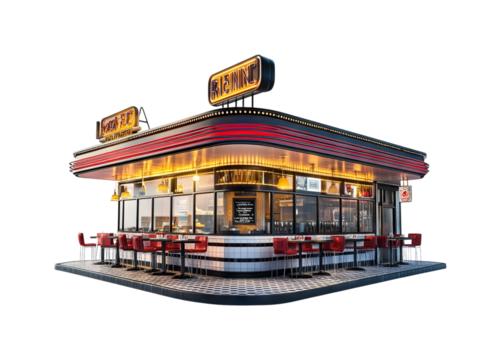 Retro diner with neon lights and outdoor seating in vibrant city setting