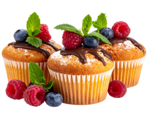 Viennese muffin cakes with chocolate and berries, isolated on white background 