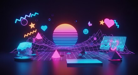 Experience vibrant retro vibes with this stunning 80s themed synthwave design, perfect for showcasing your creative projects with its nostalgic and energetic aesthetic