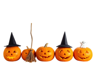 Carved pumpkins with witch hats and a ghost, along with a broom. Black background