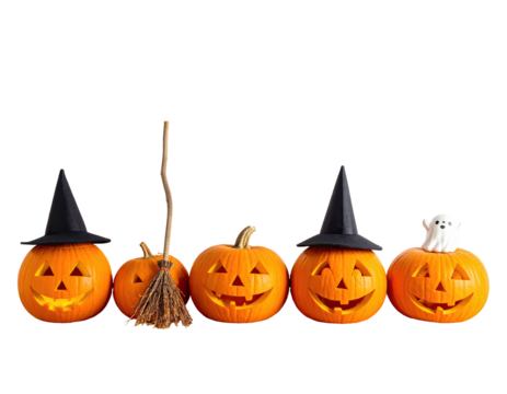 Carved pumpkins with witch hats and a ghost, along with a broom. Black background