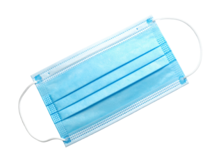 Top-down view of a blue surgical face covering with white ear loops