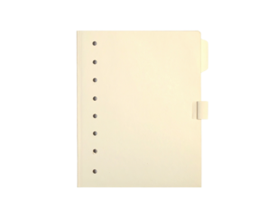 Cream-colored, lined paper binder insert with tabs against a black background