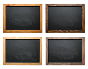 Four rectangular chalkboards, each with different wooden frames, slightly smudged