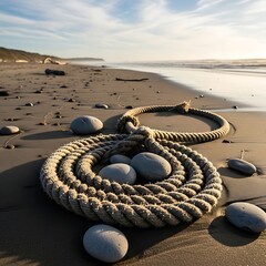 Rope and Stones on a Sandy Beach at Sunset.