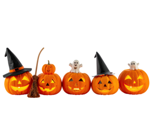 Five lit jack-o'-lanterns with festive Halloween decorations