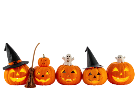 Five lit jack-o'-lanterns with festive Halloween decorations