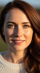 Portrait of a Smiling Woman with Auburn Hair in Natural Light.