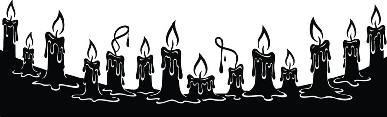 Silhouette of burning candles with dripping wax illustration for festive designs isolated on white background