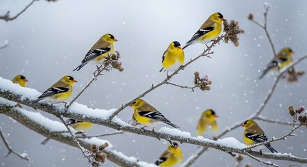 American Goldfinches Perched on Snowy Branches During Winter.