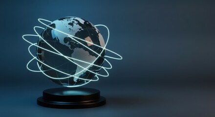 Glass globe on pedestal with digital network lines, futuristic finance concept, copy space