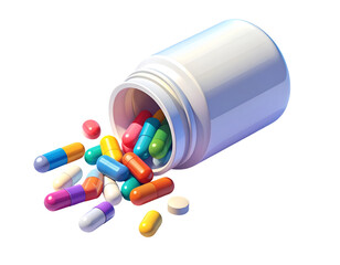 Colorful Pills & Capsules Spilling from White Bottle on Black - Healthcare, Pharmacy & Wellness Concept